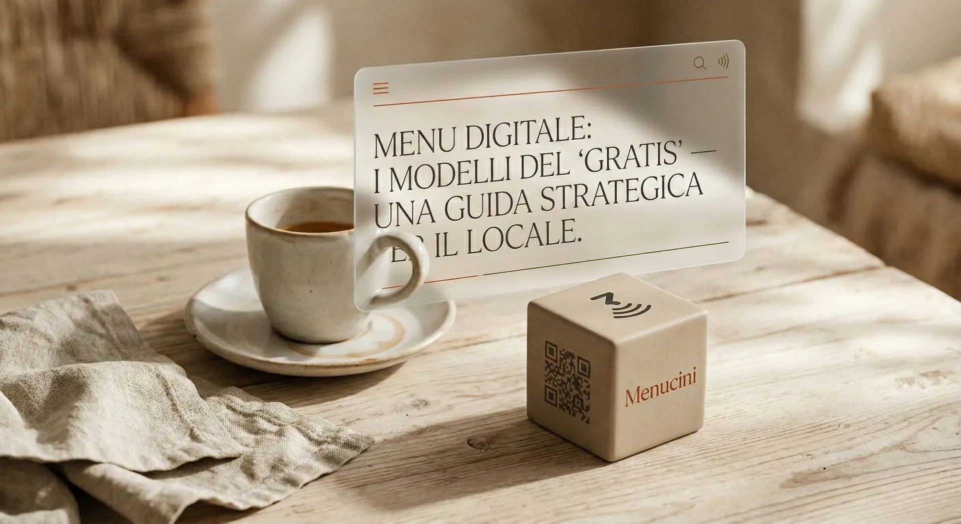 Foto commerciale realistica su un tavolo di legno chiaro. Un cubo in ceramica beige Menucini (Smart Cube) con codice QR e icona NFC. Accanto, una tazzina da espresso con traccia di caffè. Sopra, un pannello UI trasparente in glassmorphism con testo serf sottile: 'MENU DIGITALE: I MODELLI DEL 'GRATIS' — UNA GUIDA STRATEGICA PER IL LOCALE.' Luce mediterranea dappled.