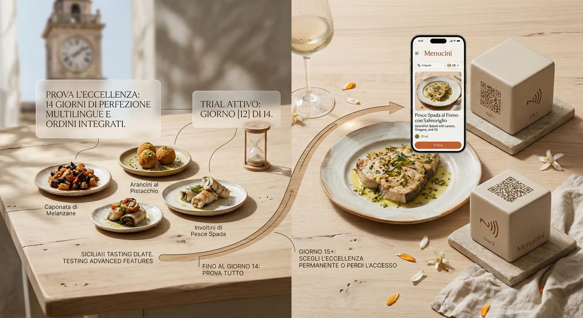 Una foto commerciale realistica e sofisticata (Style B Mixed-Media) ambientata su un tavolo da patio in pietra siciliana testurizzata. Mostra il Menucini Smart Cube in ceramica beige con logo e icone QR/NFC, e uno smartphone che visualizza l'app Menucini con una foto di 'Pesce Spada alla Messinese'. Un overlay dinamico in glassmorphism (vetro smerigliato) con tipografia serif elegante in italiano introduce 'PROVA GRATUITA: L'ESPERIENZA PREMIUM A TEMPO'. Schede fluttuanti collegate descrivono: 'Sblocca Tutte le Funzionalità (14 Giorni Gratis)', '50+ Lingue Professionali', 'Ordinazione WhatsApp Integrata', 'Analytics Avanzate'. Una timeline e matrice decisionale sulla pietra mostra 'DECISIONE' che porta a 'CONTINUA CON MENUCINI' (premium flow) e 'PERDI IL SERVIZIO' (fading flow). Luce naturale dappled, imperfezioni contestuali come rumpled linen e goccioline d'acqua, sfondo sfocato di alberi di agrumi e costa.