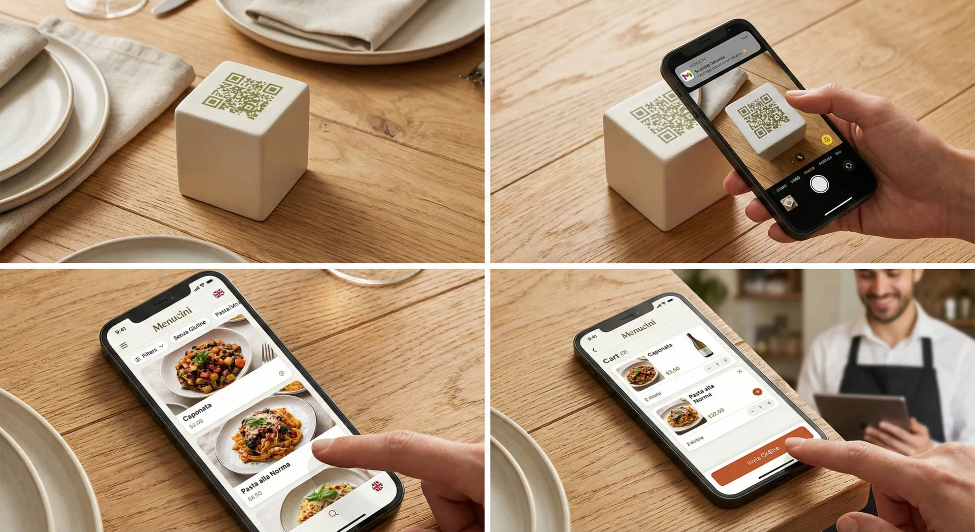 Smart Cube Menucini con QR code su tavolo ristorante