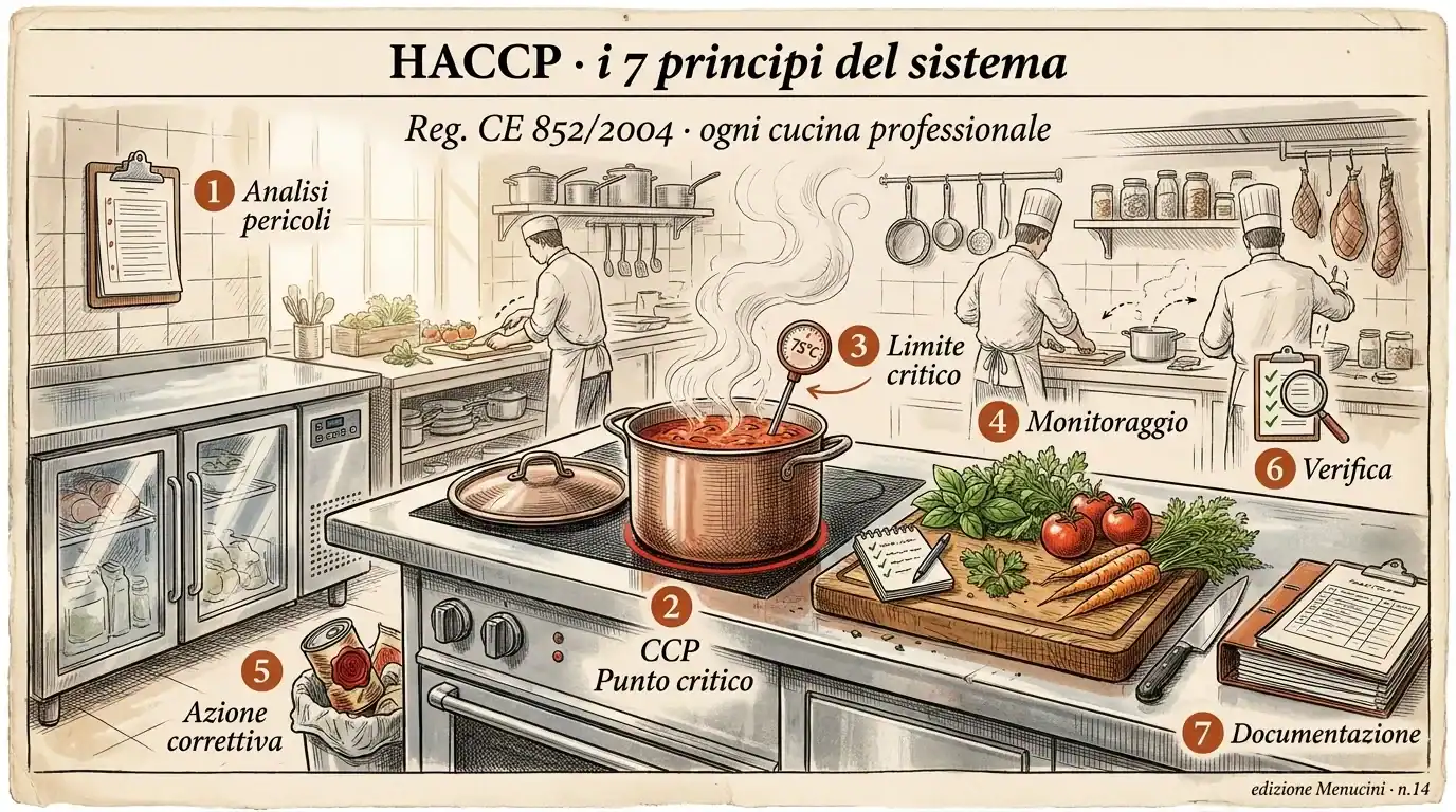 Cucina professionale con pentola a fuoco vivo, strumenti di controllo e sicurezza alimentare.