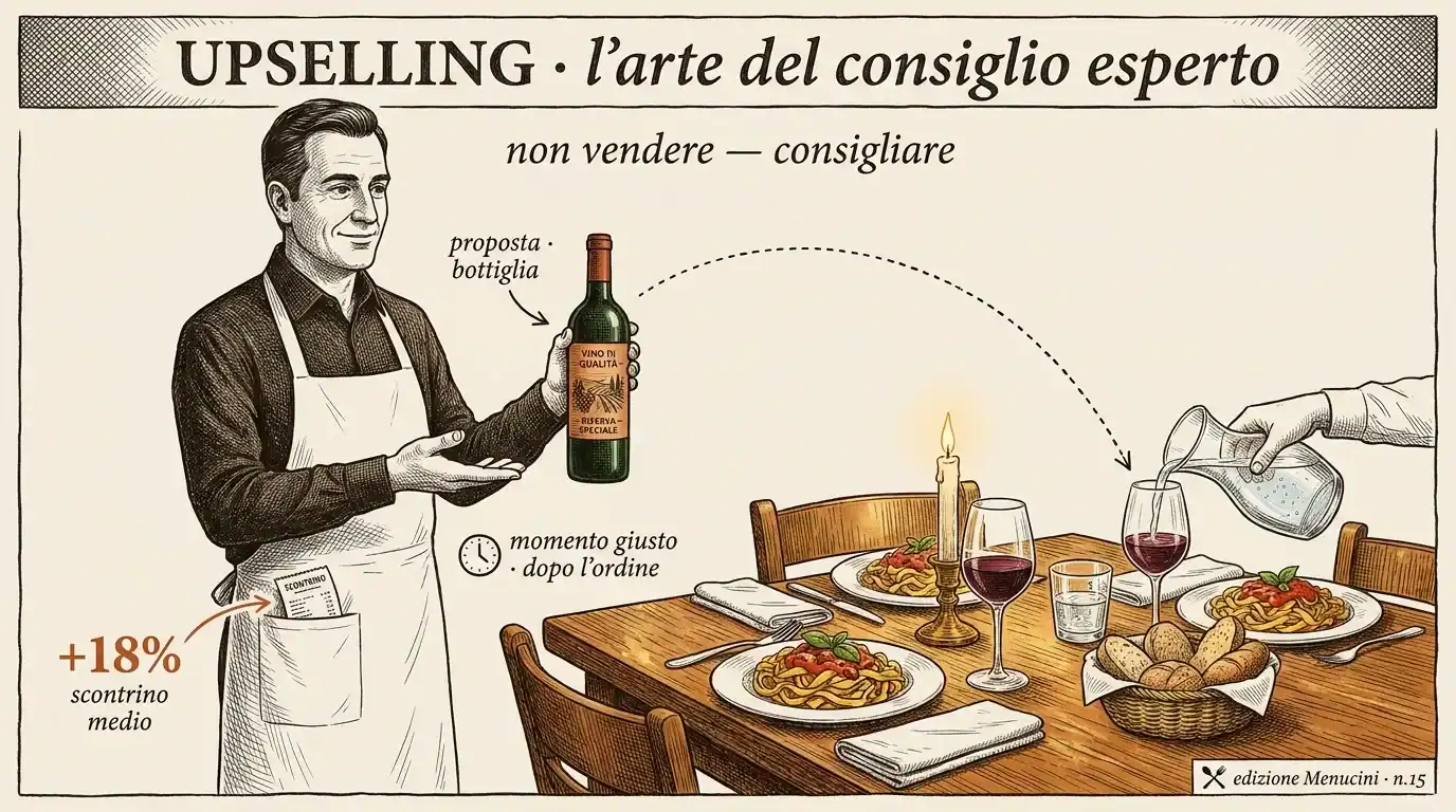 Immagine di un uomo che consiglia un vino in un ristorante elegante.