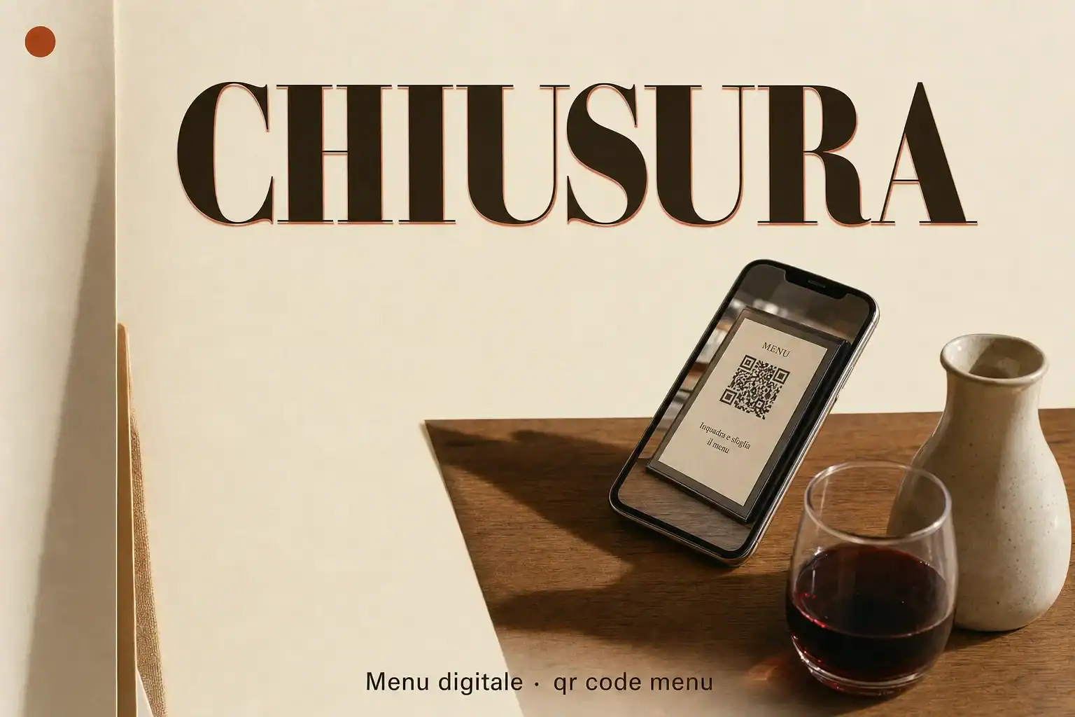 Schermata di un menu digitale con QR code e smartphone su un tavolo in stile siciliano.